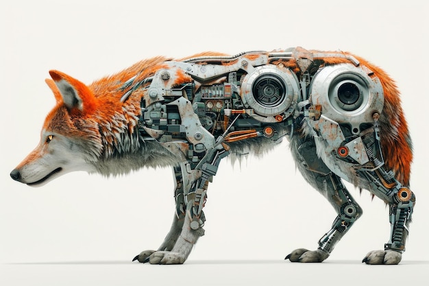 Realistic depiction of a cybernetically enhanced wolf with robotic parts and technological