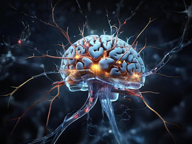 реалистичное изображение человеческого мозга с зажиганием нейронов и расширениями нервов
