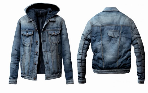 Photo realistic depiction of rugged denim jacket with graffiti on transparent background