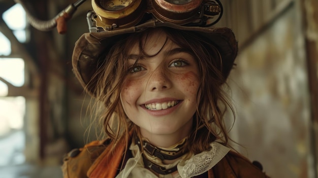 Realistic depiction of a teenage postapocalypse person dressed in steampunk attire smiling brightly and showing optimism Generative AI
