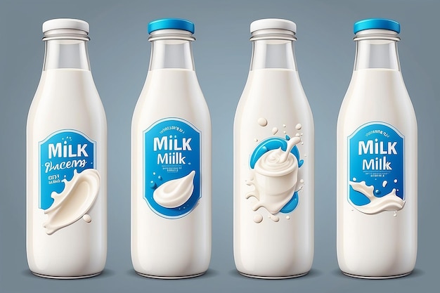 Photo realistic detailed 3d milk bottle template set with labels and empty dairy natural product