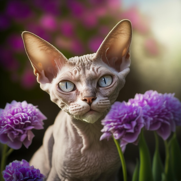 Realistic devon rex cat on ravishing natural outdoor background