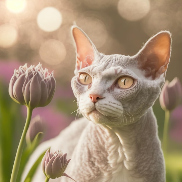 Realistic devon rex cat on ravishing natural outdoor background