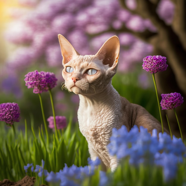 Realistic devon rex cat on ravishing natural outdoor background