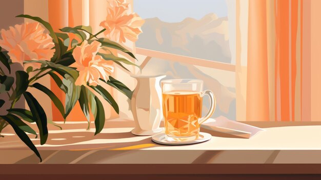 Photo realistic digital painting of a vase of flowers in front of a window