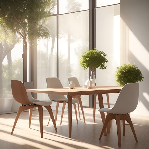 Photo realistic dining room table with chairs and a vibrant potted plant