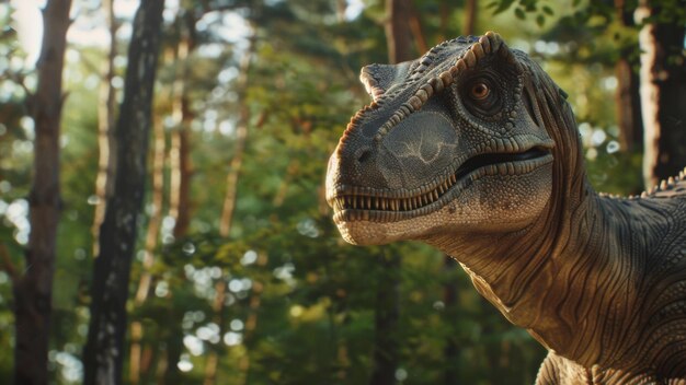 Realistic dinosaur standing in a serene wooded setting evoking prehistoric times