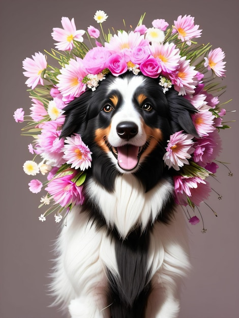 Realistic dog generated by artificial intelligence with wreath on head