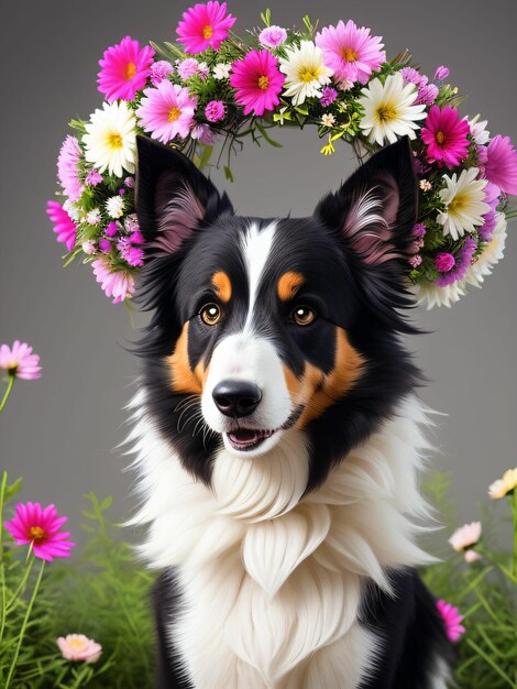 Realistic dog generated by artificial intelligence with wreath on head