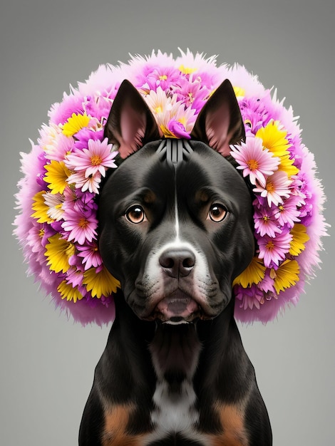 頭に花輪をかぶった人工知能によって生成されたリアルな犬