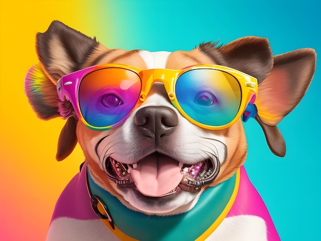 Realistic dog wearing sunglasses with colorful shades artwork features clean lines vibrant color