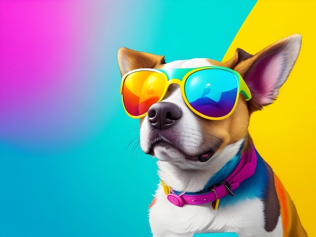 Realistic dog wearing sunglasses with colorful shades set against Boston terrier wearing glasses