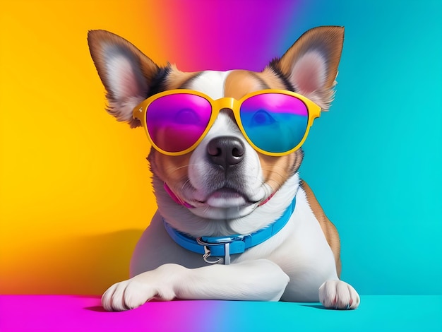 Realistic dog wearing sunglasses with colorful shades set against boston terrier wearing glasses