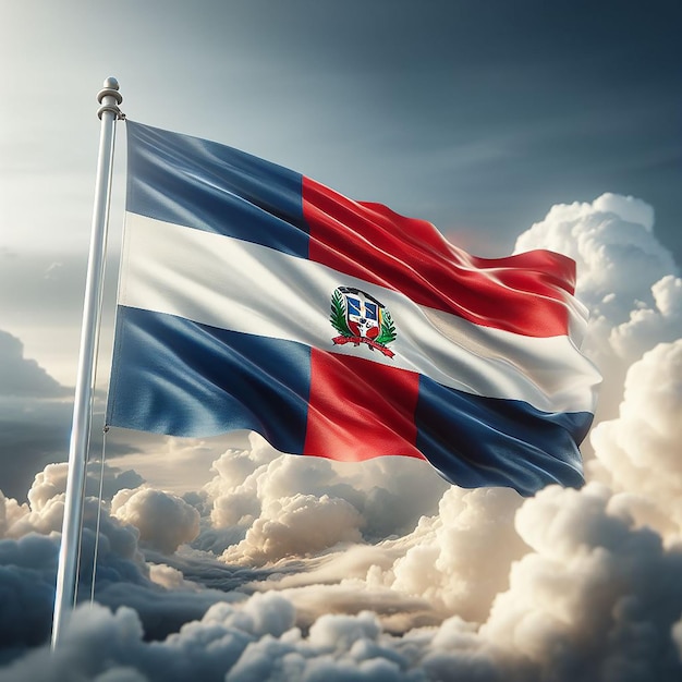 Realistic Dominican Republic Flag on flag pole waving in the wind against white clouds