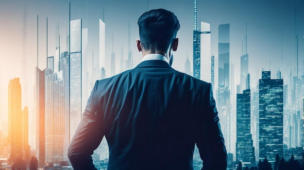 Realistic Double exposure of businessman with cityscape and financial graph on blurred building