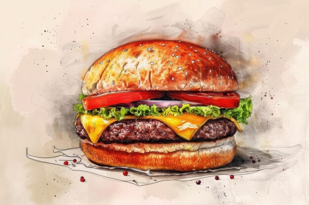 Photo a realistic drawing of a classic cheeseburger with fresh lettuce and ripe tomato suitable for food and culinary concepts