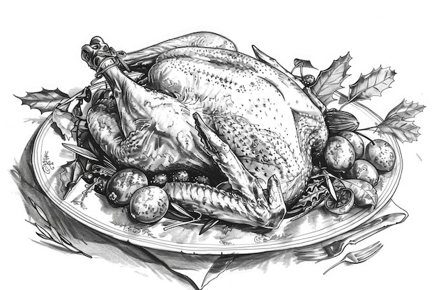 A realistic drawing of a turkey on a plate Suitable for Thanksgiving and food concepts