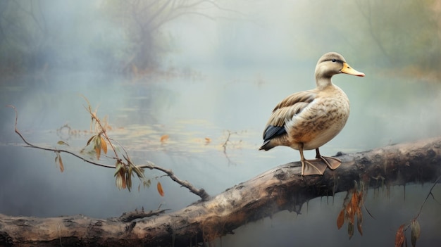 Photo realistic duck illustration on branch misty and detailed rendering