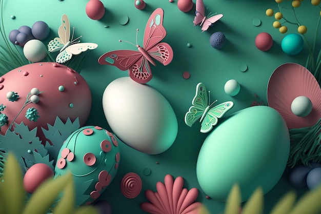 Realistic Easter background with colorful eggs meadow plants and butterflies Generative AI