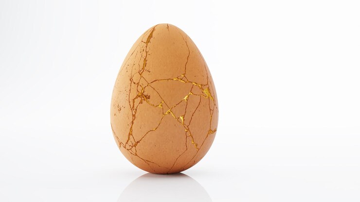 Photo realistic easter eggs with kintsugi gold cracks texture isolated on white background 3d render