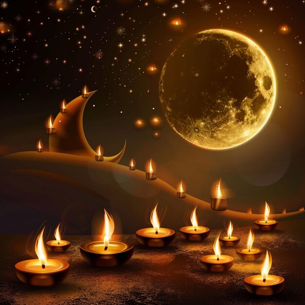 realistic eid mubarak background with candles and moon