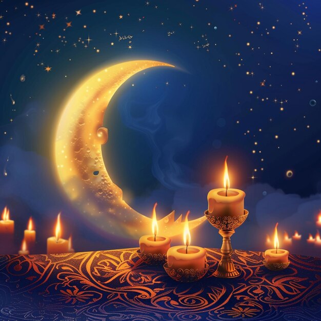 realistic eid mubarak background with candles and moon