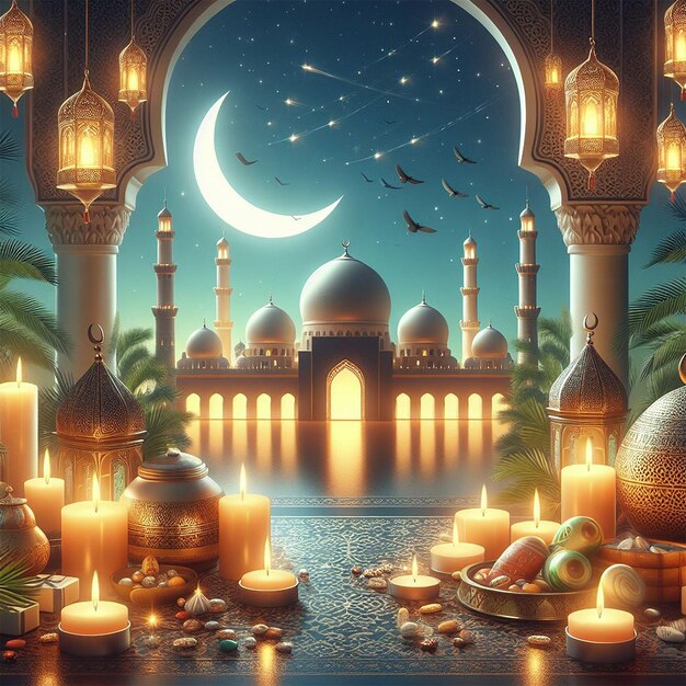 Photo realistic eid mubarak background with candles and mosque