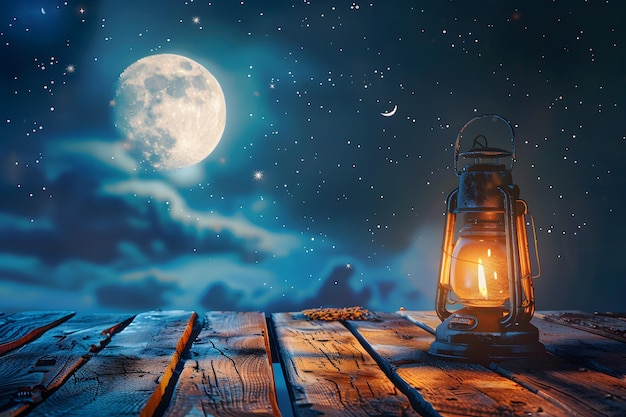 Realistic eid mubarak background with lantern and moon