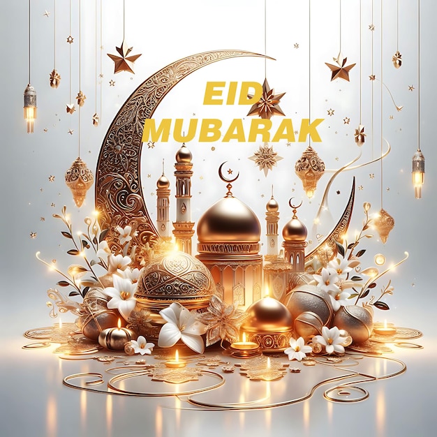 Realistic eid mubarak islamic greeting design