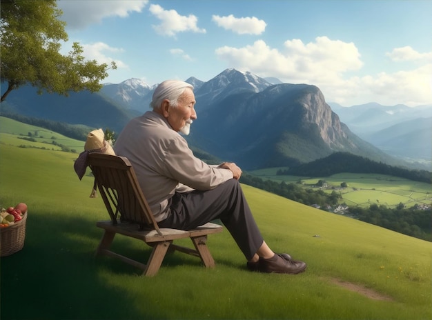 Generative AI에 의해 마을 풍경이 있는 언덕에 뒤로 앉아 있는 현실적인 노인