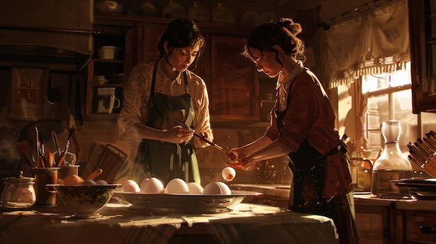 Photo realistic elements photo mother and daughter painting eggs happy family preparing for easter