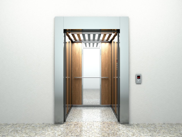 realistic empty elevator hall interior with waiting lift marble floor ceiling window and grey walls 3d illustration