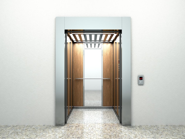 Realistic empty elevator hall interior with waiting lift marble floor ceiling window and grey walls 3d illustration