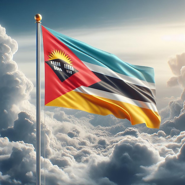 Photo realistic eswatini flag on flag pole waving in the wind against white clouds