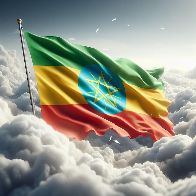 Realistic Ethiopia Flag on flag pole waving in the wind against white clouds