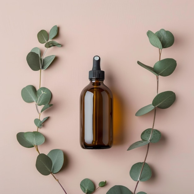 Realistic eucalyptus cosmetic transparent bottle mockup