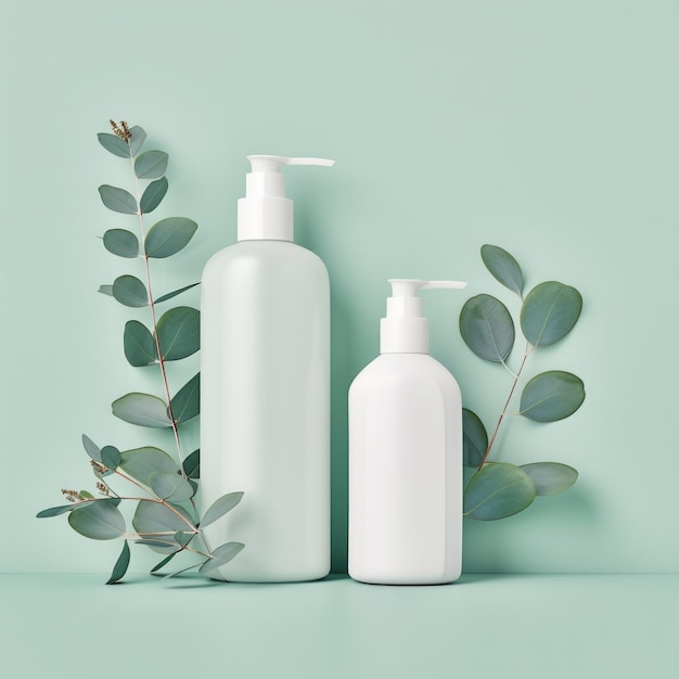 Realistic eucalyptus cosmetics white bottles mockup