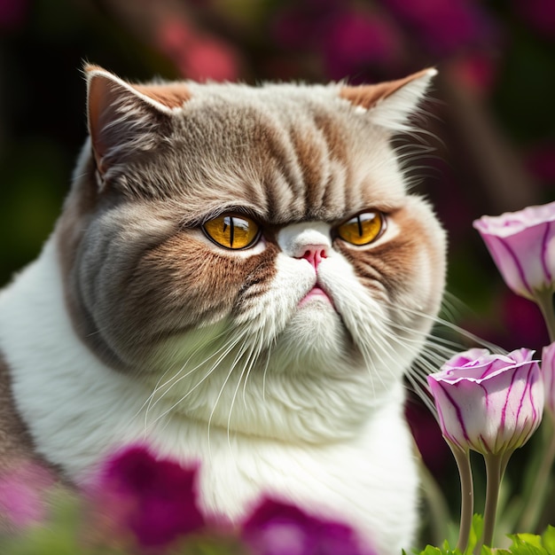 Realistic exotic shorthair cat on ravishing natural outdoor background