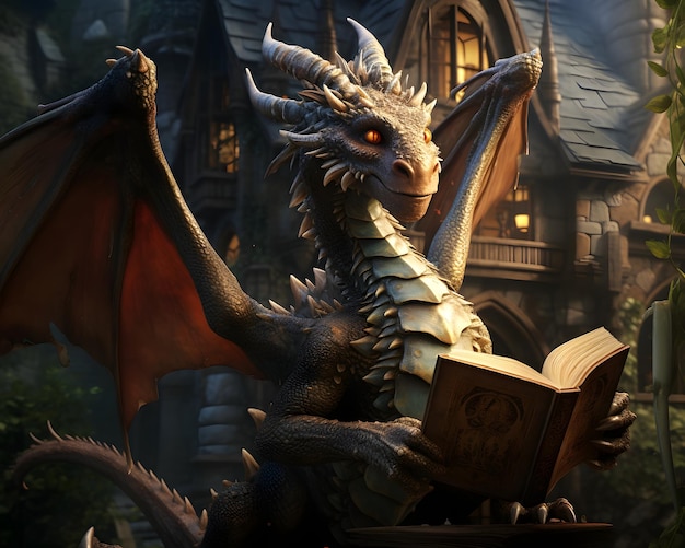 Photo realistic fairy tale dragon with magic book in castel