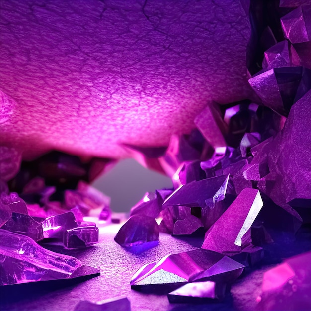 Photo realistic fantasy amethyst minerals cave abstract gems and crystals background 3d illustration