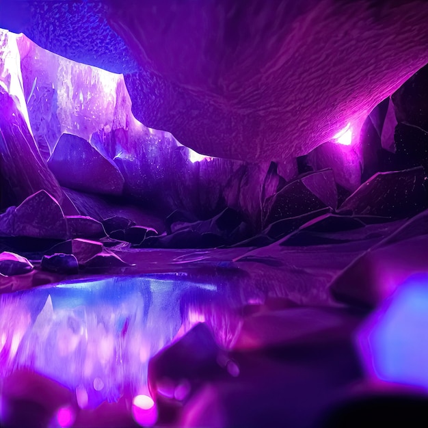 現実的なファンタジー アメジスト鉱物洞窟抽象的な宝石と結晶背景 3 D イラスト