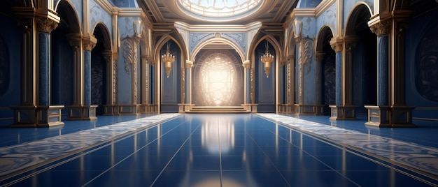 A realistic fantasy blue interior of the royal palace