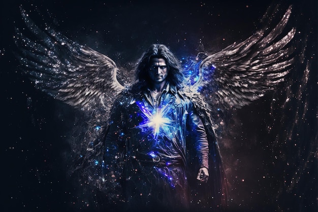 Realistic fantasy character of angelic battlemage with magic spell