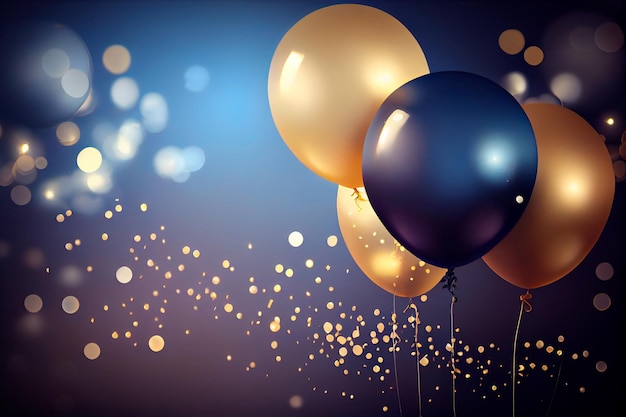 Photo realistic festive background with golden and blue balloons falling confetti blurry background and a bokeh lights generative ai