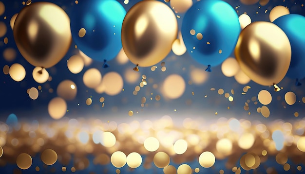 Realistic Festive background with golden and blue balloons falling confetti blurry background and a