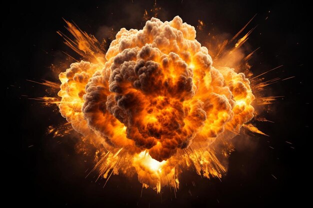 Photo realistic fiery explosion busting over a black background