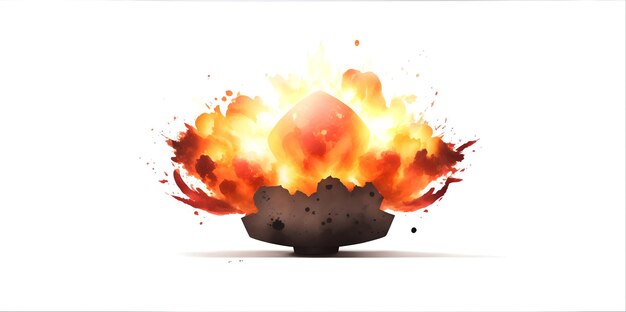 Realistic fiery explosion with sparks over a white background