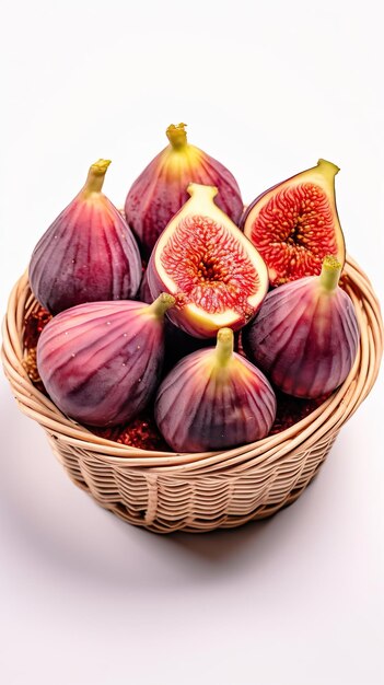 Realistic figs in basket white background 8k hyperrealism s