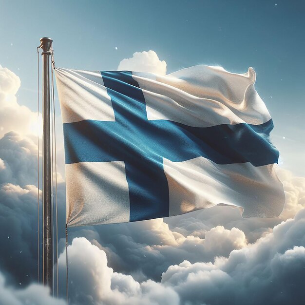 Photo realistic finland flag on flag pole waving in the wind against white clouds