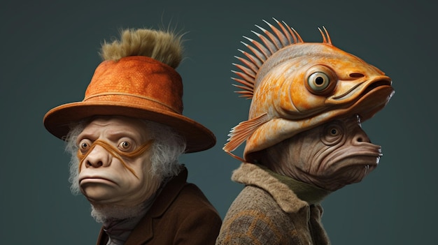 Photo realistic fish people wearing hats ai generative